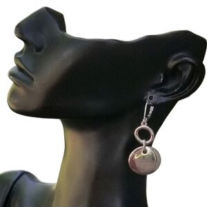 ANNE KLEIN VINTAGE SILVERTONE DISK DROP HOOK EARRINGS